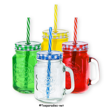 Trinkglas 'Retro' mit Strohhalmdeckel 350 ml 4-fach sortiert – Set -