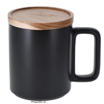 Ceramic mug 'Wooden-Black' 450 ml with wooden lid
