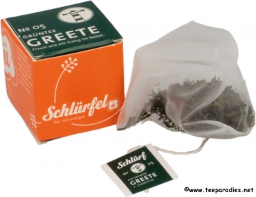 05: Bio Schlürf Tee: Grüntee "Greete" in Schmuckbox mit 27 Schlürfel 67,5 g.
