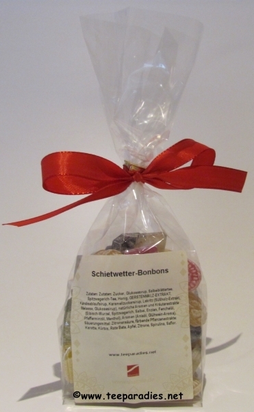 Schietwetter-Bonbons 200 g. verpackt in Cellophantüte mit Schleifenband