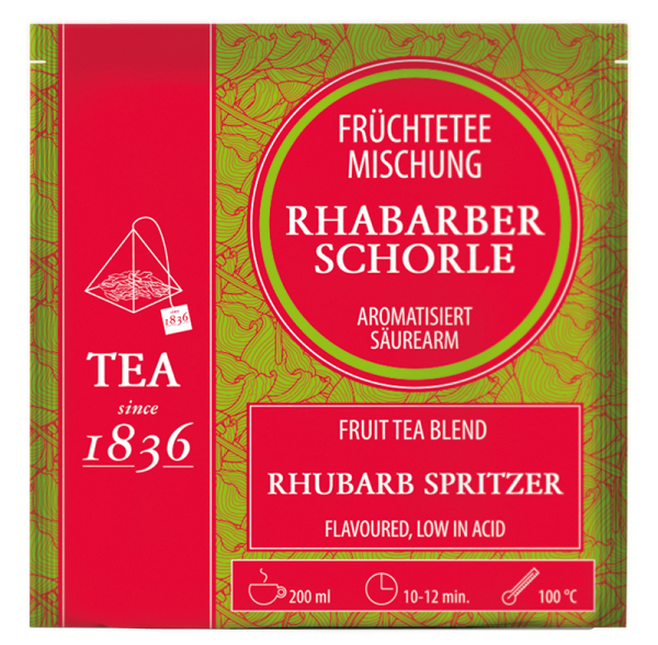 1836: Früchteteemischung Rhabarberschorle Rhabarber-Note aromatisiert 50 Pyramidenbeutel im Sachet à 4 g