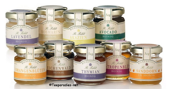 Honigsortiment 9-fach sortiert, Set à 9 Gläser à 50 Gramm = 450 g.
