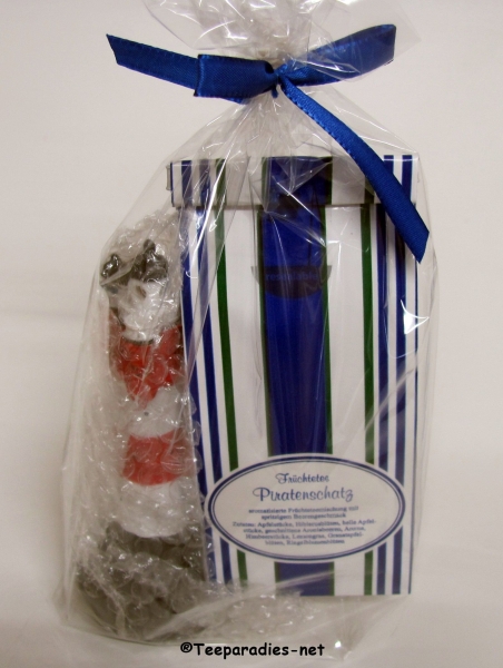 Geschenkset "Leuchtturm Roter Sand Blinklicht ca.15cm Poly mit 50 g. Früchtetee "Pratenschatz" in Cellophantüte"