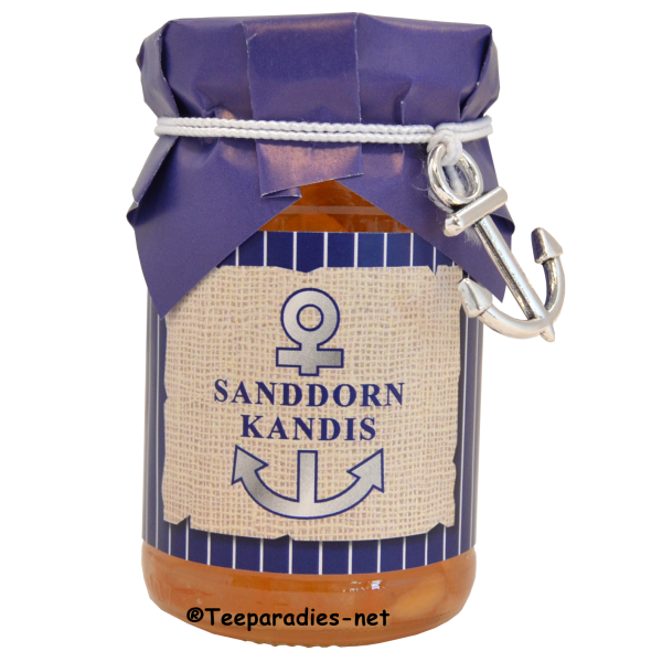 Collier: Sanddorn-Kandis, 125 g. im kleinen Gläschen mit kleinem Deko Anker