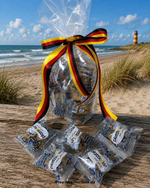 Fussballmitbringsel: 10 x plattkeks in Cellophantüte mit „Deutschland Schleifenband" 60 g.