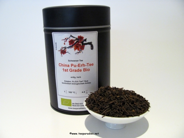 China Pu-Erh Tea 1ST Grade Organic 100 g. in black tin.