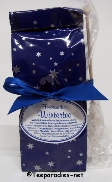Teeparadies Wintertee (Weihnachtstee) 100 g. + 1 weißer Kandisstick in blauer Weihnachtstüte