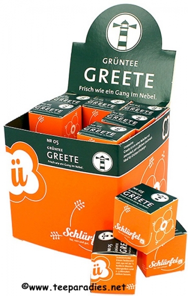 05: Bio Schlürf Tee: Grüntee "Greete" in Schmuckbox mit 27 Schlürfel 67,5 g.