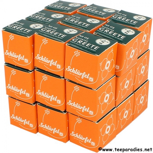 05: Bio Schlürf Tee: Grüntee "Greete" in Schmuckbox mit 27 Schlürfel 67,5 g.