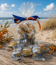 Gemischte Tüte: 10 x plattkeks in Cellophantüte mit blauem & orangem Schleifenband 60 g.